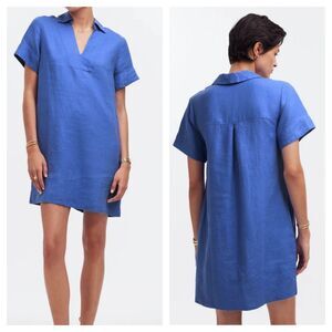 Madewell Women's  V-Neck Blue 100% Linen Mini Dress w/Pockets Large Style NQ627